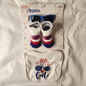 Baby Bib Baby Booties Baby Sunglasses Set USA Patriotic Red White and Cute NWT